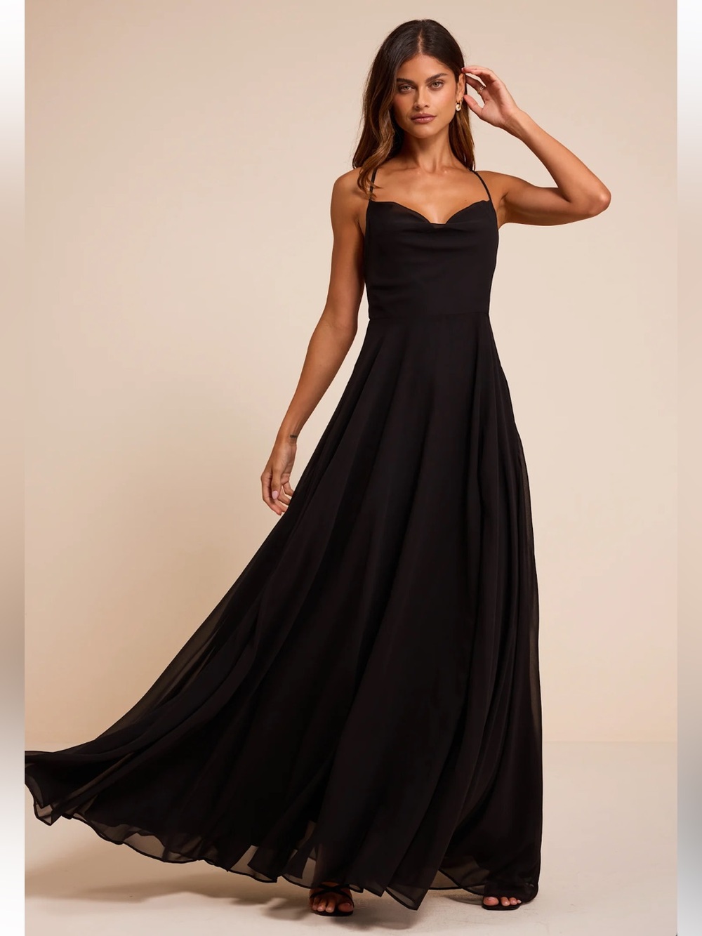 NWT Lulus Romantically Speaking Black Cowl Lace-Up Maxi Dress